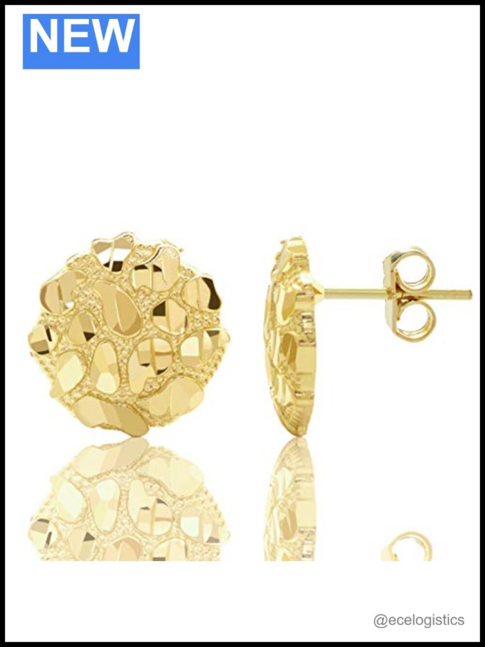 10K Yellow Gold Diamond Cut Round Nugget Stud Earrings 0.50"
